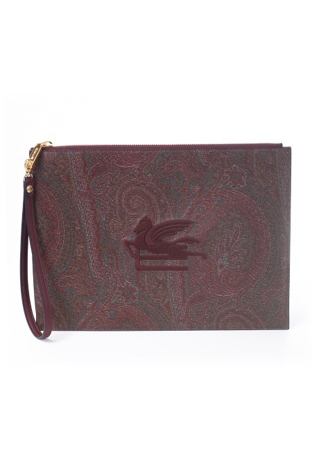 Shop ETRO  Bag: Etro pouch maxi, made in the iconic Paisley jacquard fabric and characterized by the ETRO Pegaso logo embroidered in thread with a three-dimensional effect. Removable wrist strap.
Dimensions: 32 x 24cm.
Exterior: Paisley jacquard cotton fabric coated with matte grain and doubled in canvas.
Finishes: 100% calf leather.
Inside: 100% polyester.
Zip closure.
Internal patch pocket.
Removable wrist strap height (light) 18 cm.
Metallic accessories with golden finish.
Made in Italy.. 1P039 7567-0600